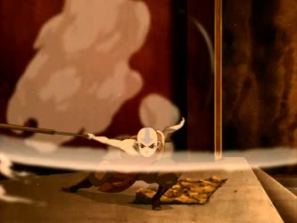 Aang using airbending in a dynamic air swipe attack
