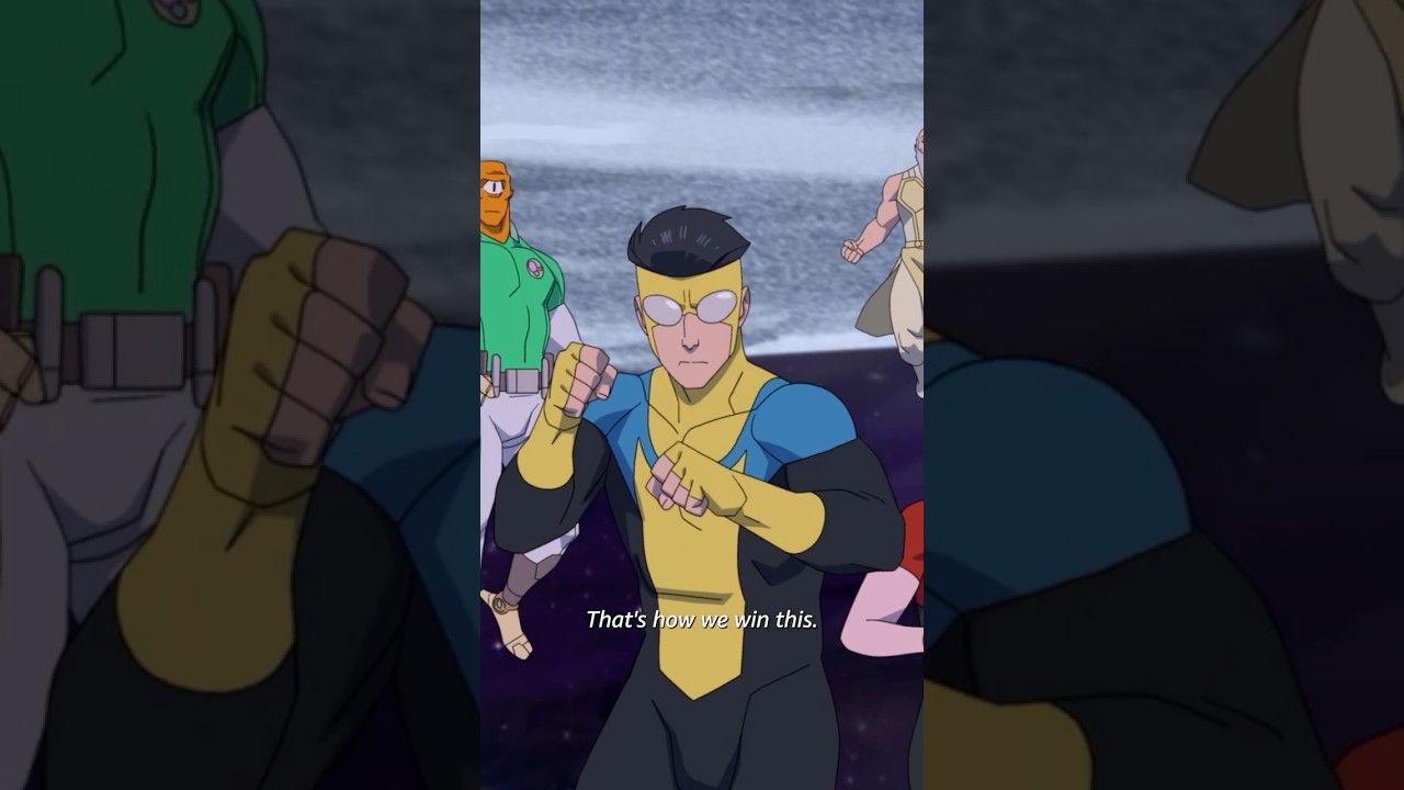 Mark Grayson in his blue and yellow Invincible suit ready to fight alongside allies