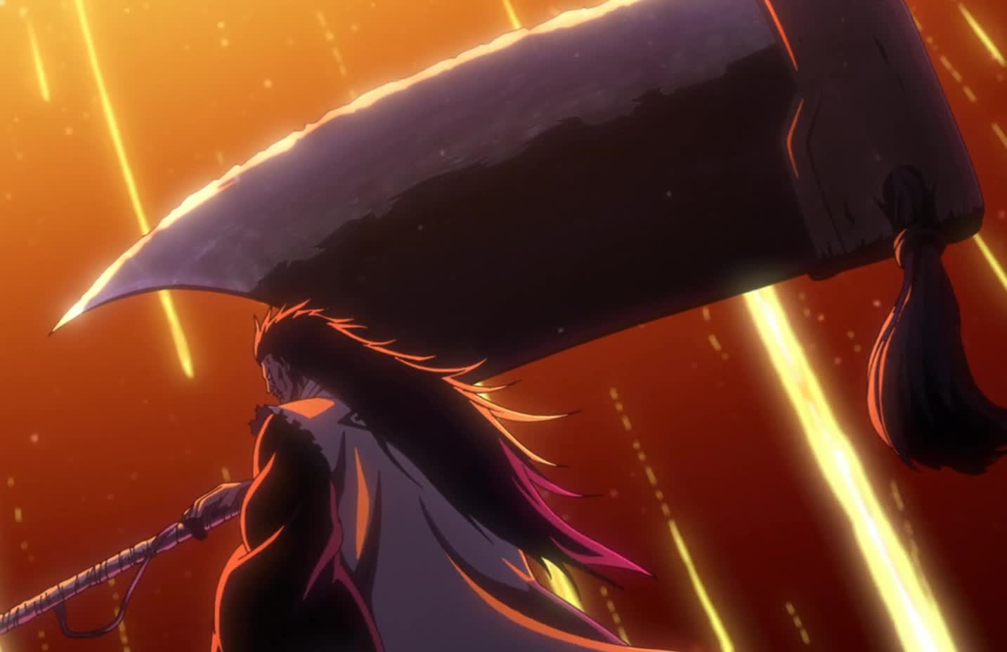 Kenpachi Zaraki releasing his zanpakuto Nozarashi into a giant axe