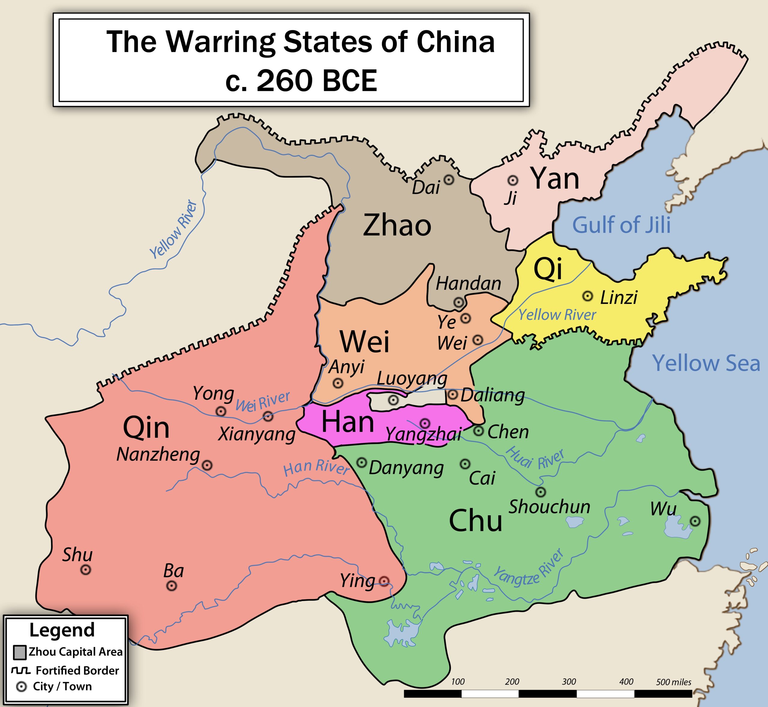 Map of the seven Warring States of ancient China including Qin and Zhao