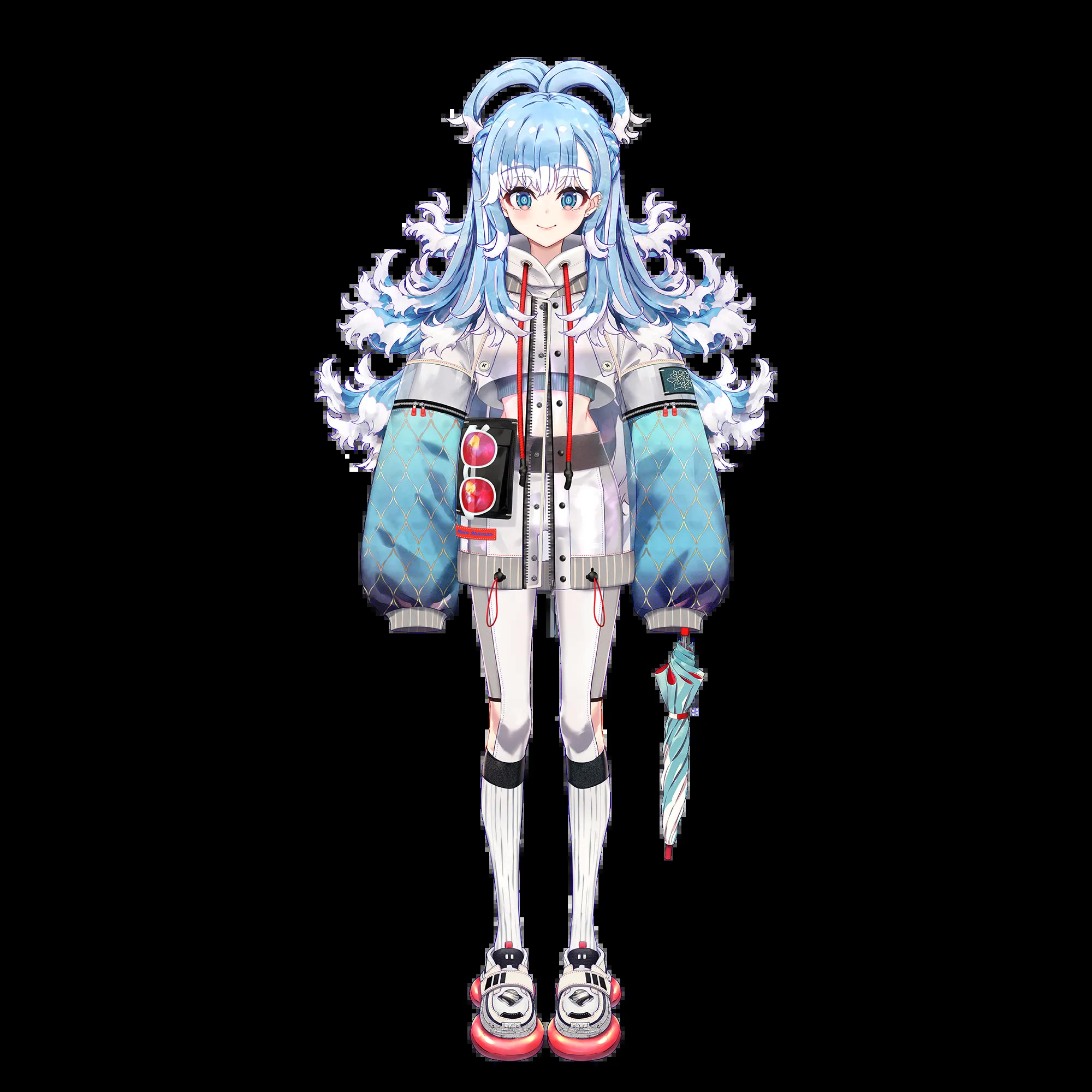 Close up of Kobo Kanaeru VTuber design showing jasmine melati embroidery, raindrop accessories, and umbrella prop