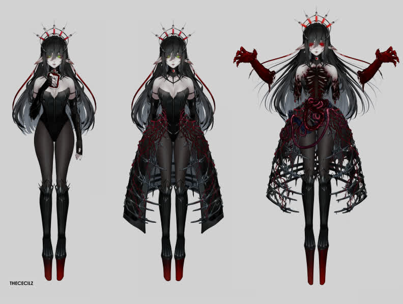 Layna Lazar VTuber reference sheet showing the gothic girl and the True Form clawed demon with exposed chest cavity