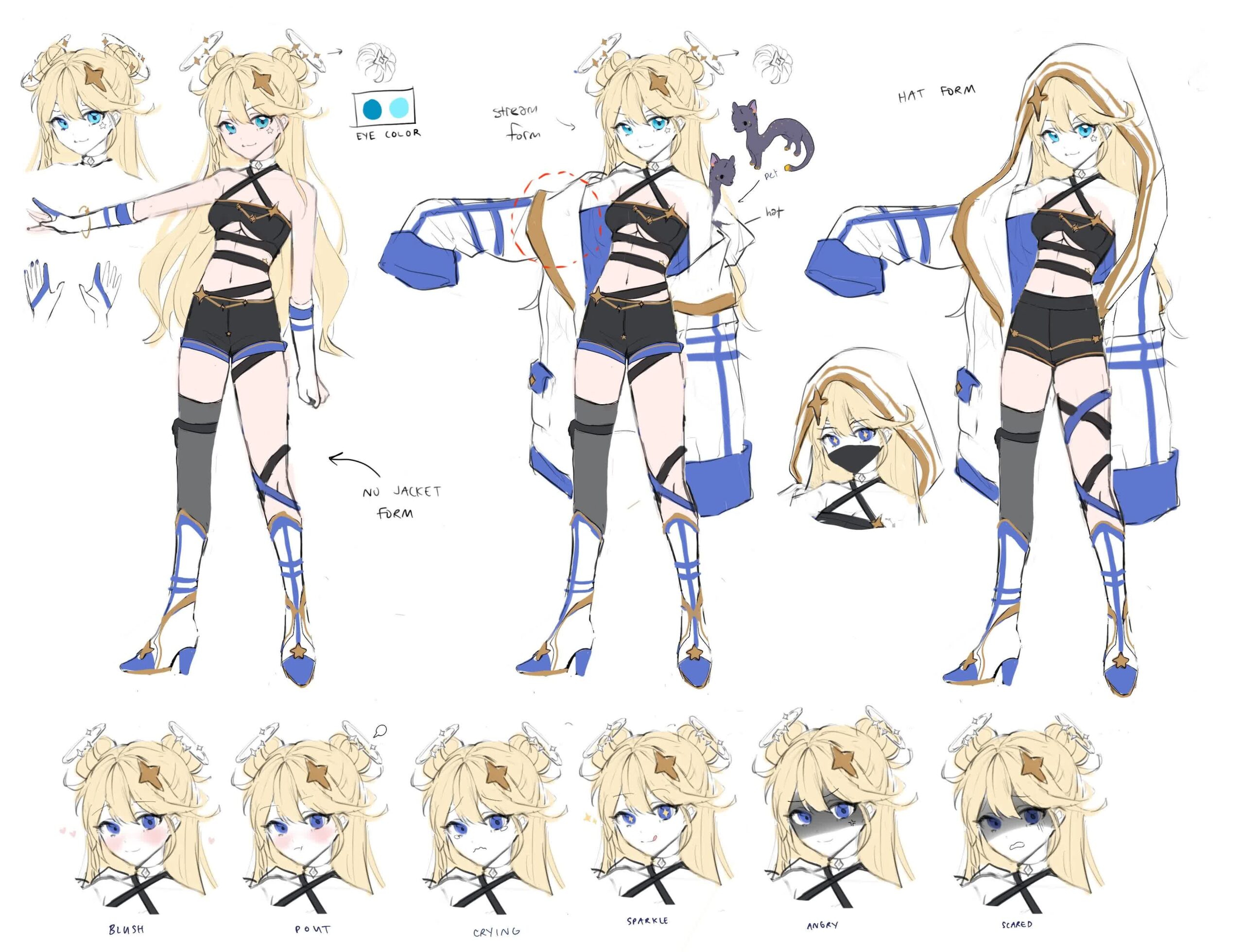 Kaneko Lumi VTuber model close-up showing blue eyes, star hair ornaments, and floating black halo