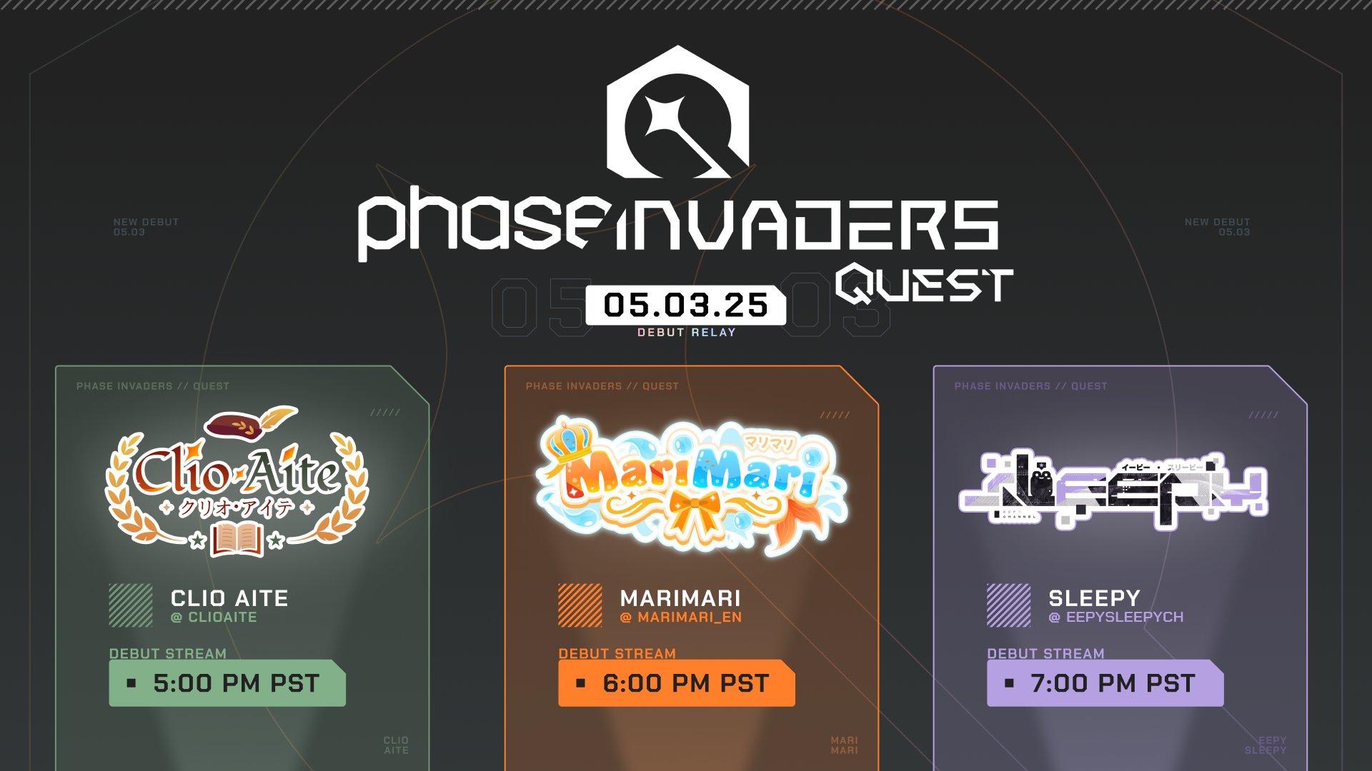 Mari VTuber joining Phase Connect on May 3, 2025 in the Invaders Quest wave debut key art
