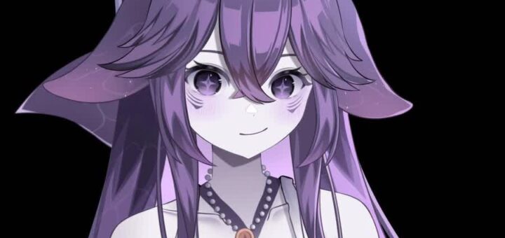 Megalodon VTuber MegalodonVT model with long purple hair, downward fox-like ears, and shark tail