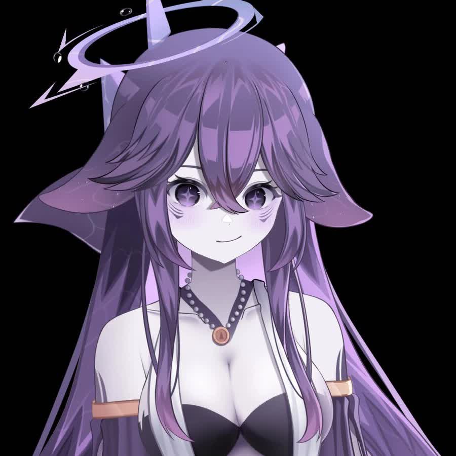 Megalodon VTuber MegalodonVT model with long purple hair, downward fox-like ears, and shark tail