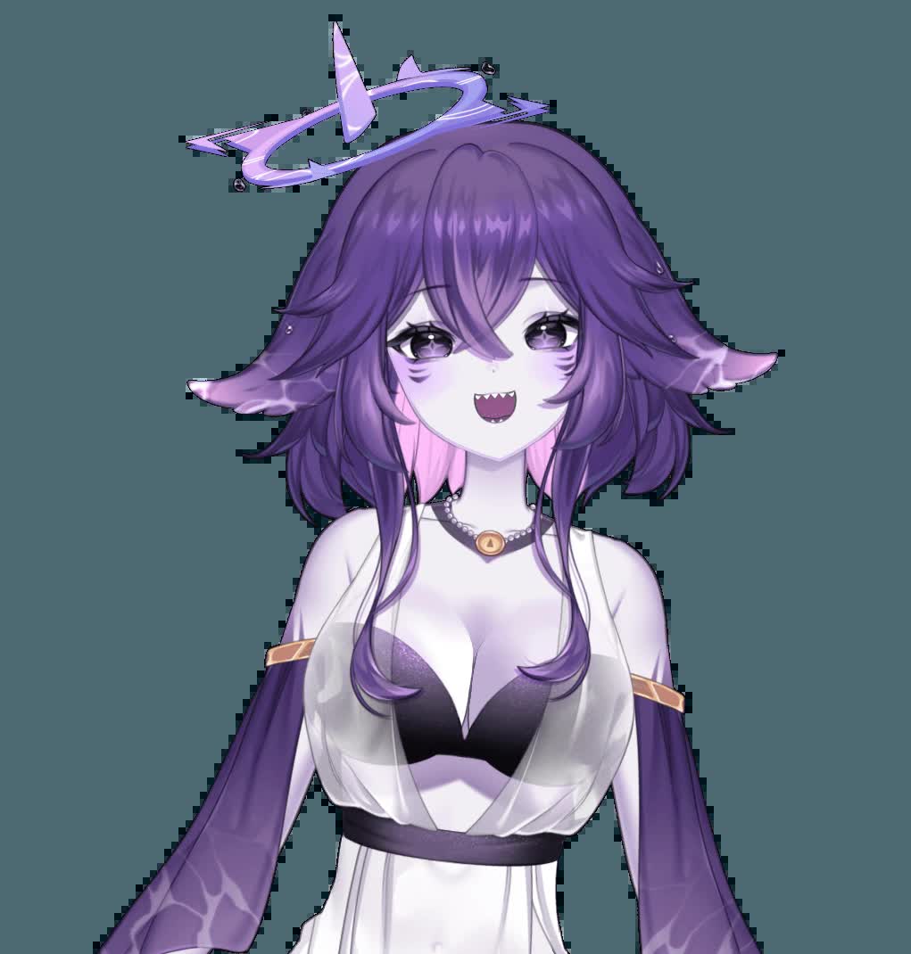 Megalodon VTuber 2.0 model portrait with purple hair, halo, and shark ears