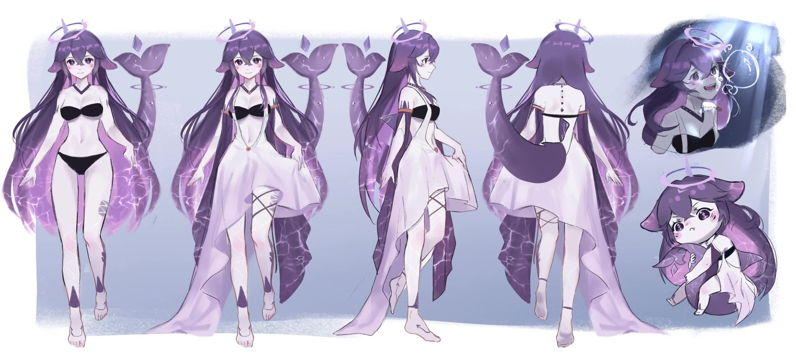 Megalodon VTuber full body reference sheet showing purple hair and shark tail