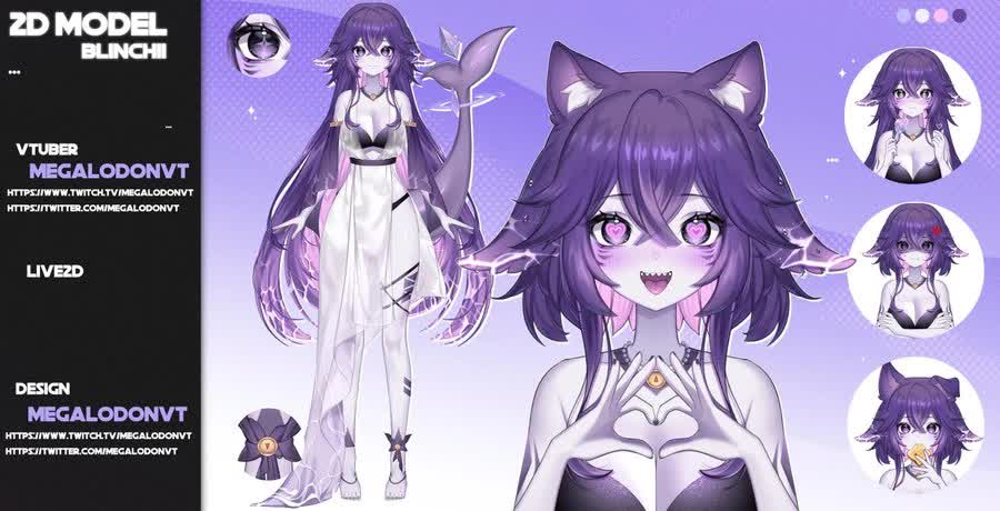 Megalodon VTuber 2.0 model sheet with expressions and outfit details