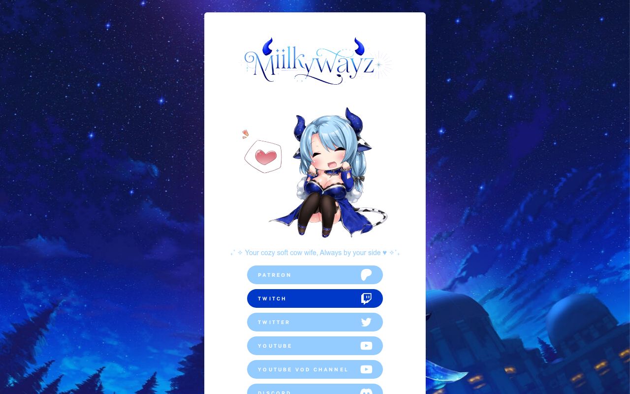 Miilkywayz VTuber chibi cosmic cow model on a starry night sky background with her Planetarium logo.