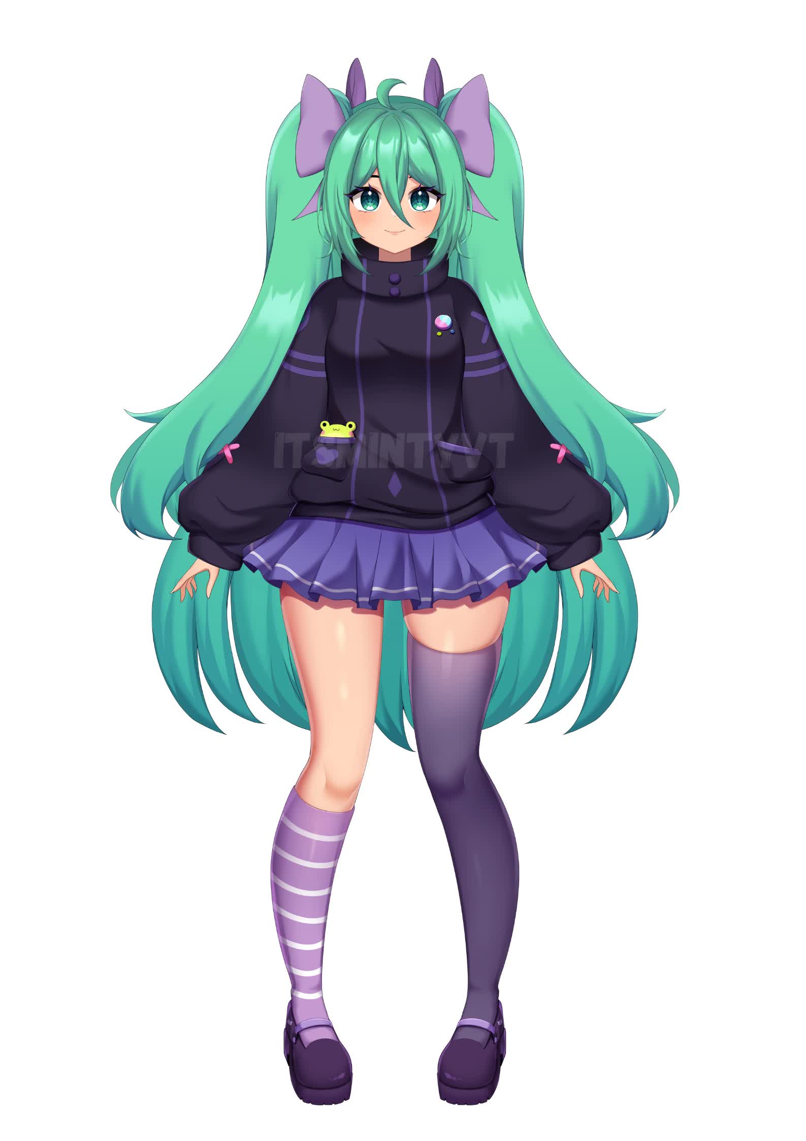 Minty VTuber mint green fox model with purple hoodie and pigtails