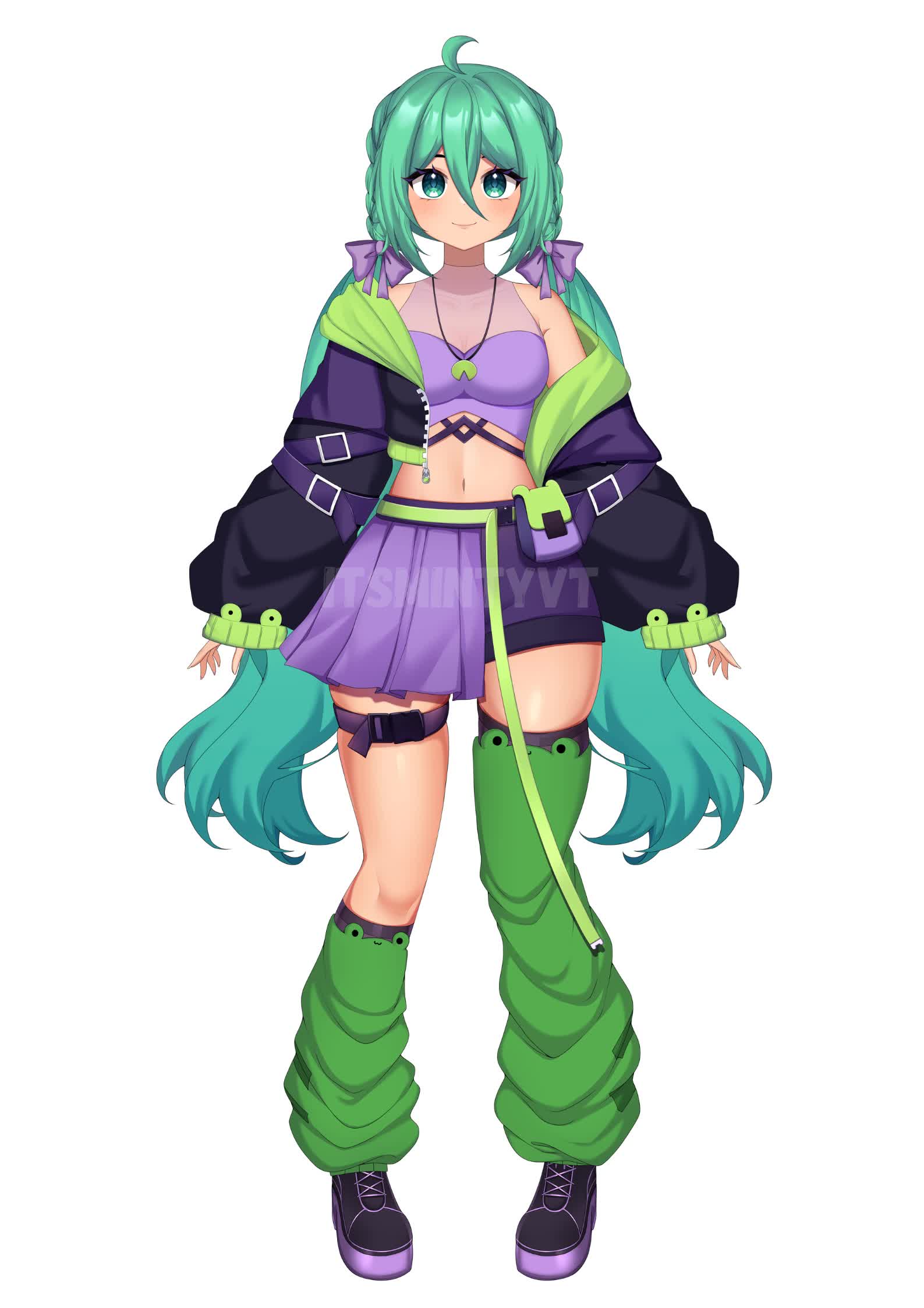 Minty VTuber model close up showing Chip the frog companion on her hoodie