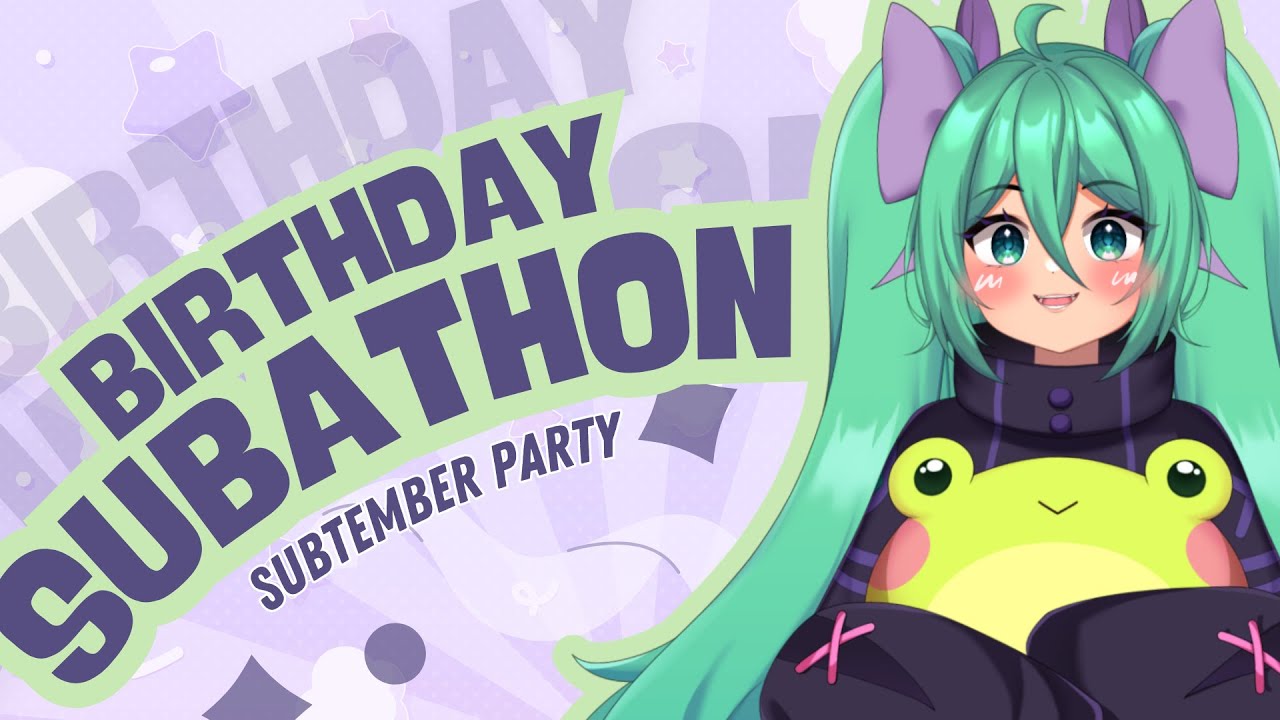 Minty VTuber birthday subathon promo art with her frog plush