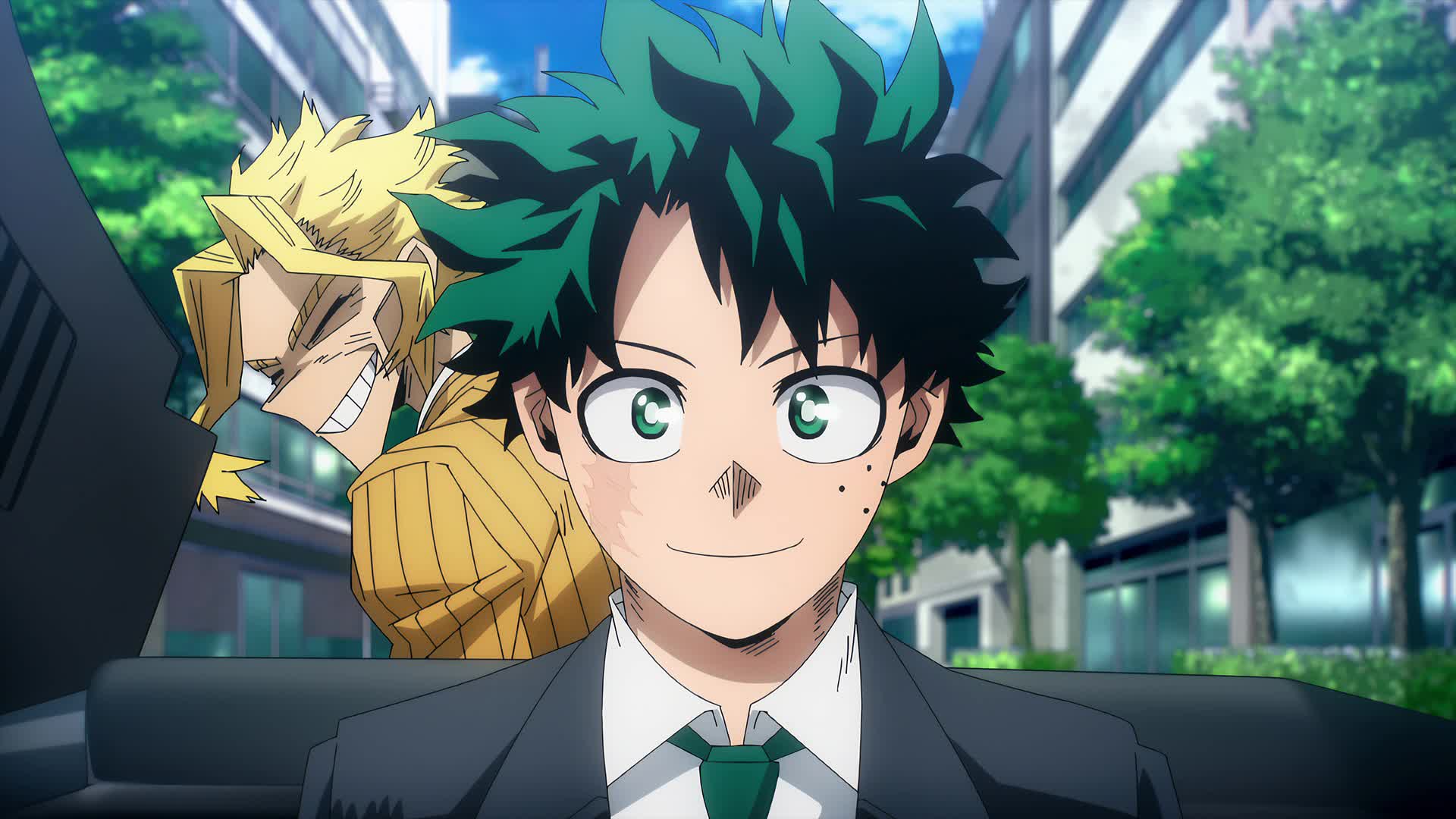 Izuku Midoriya smiling beside All Might in the My Hero Academia anime
