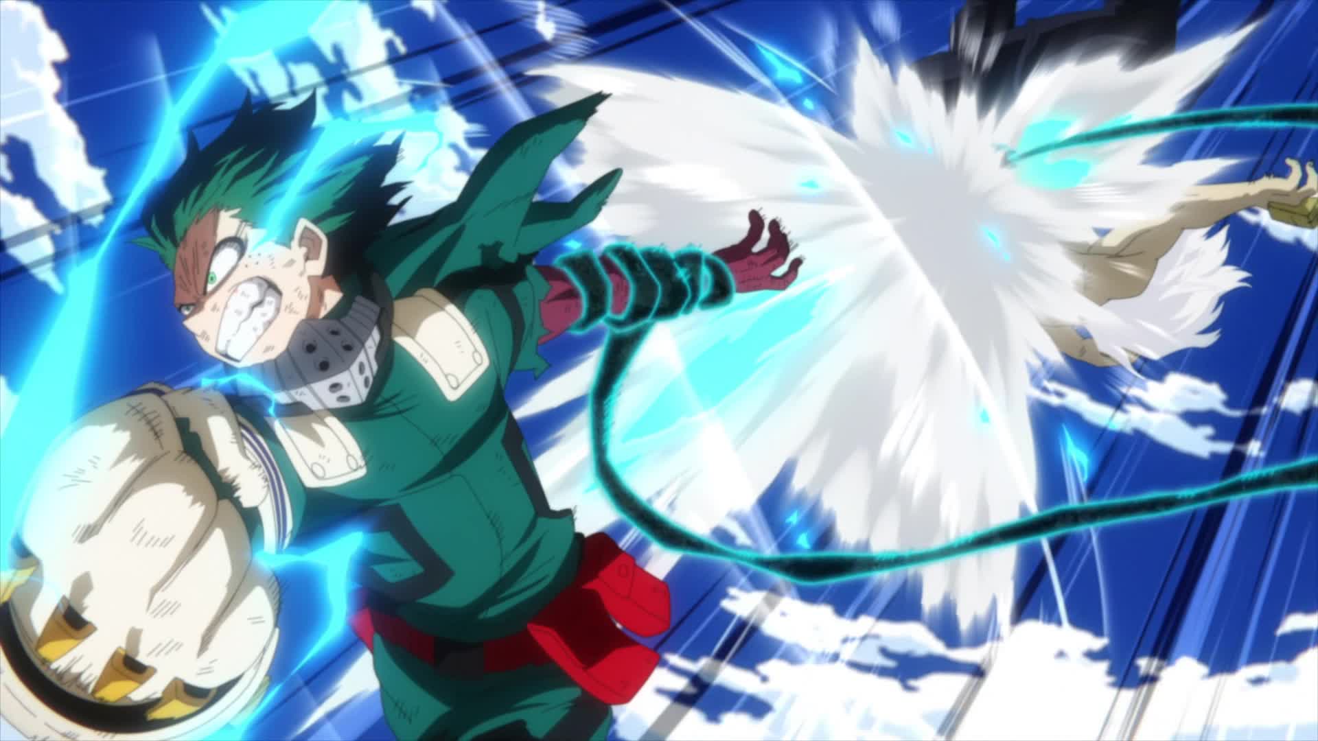 Deku punching Tomura Shigaraki with One For All in the My Hero Academia anime by studio Bones