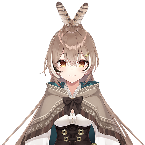 Nanashi Mumei owl VTuber portrait showing her signature owl hat and soft brown feather design