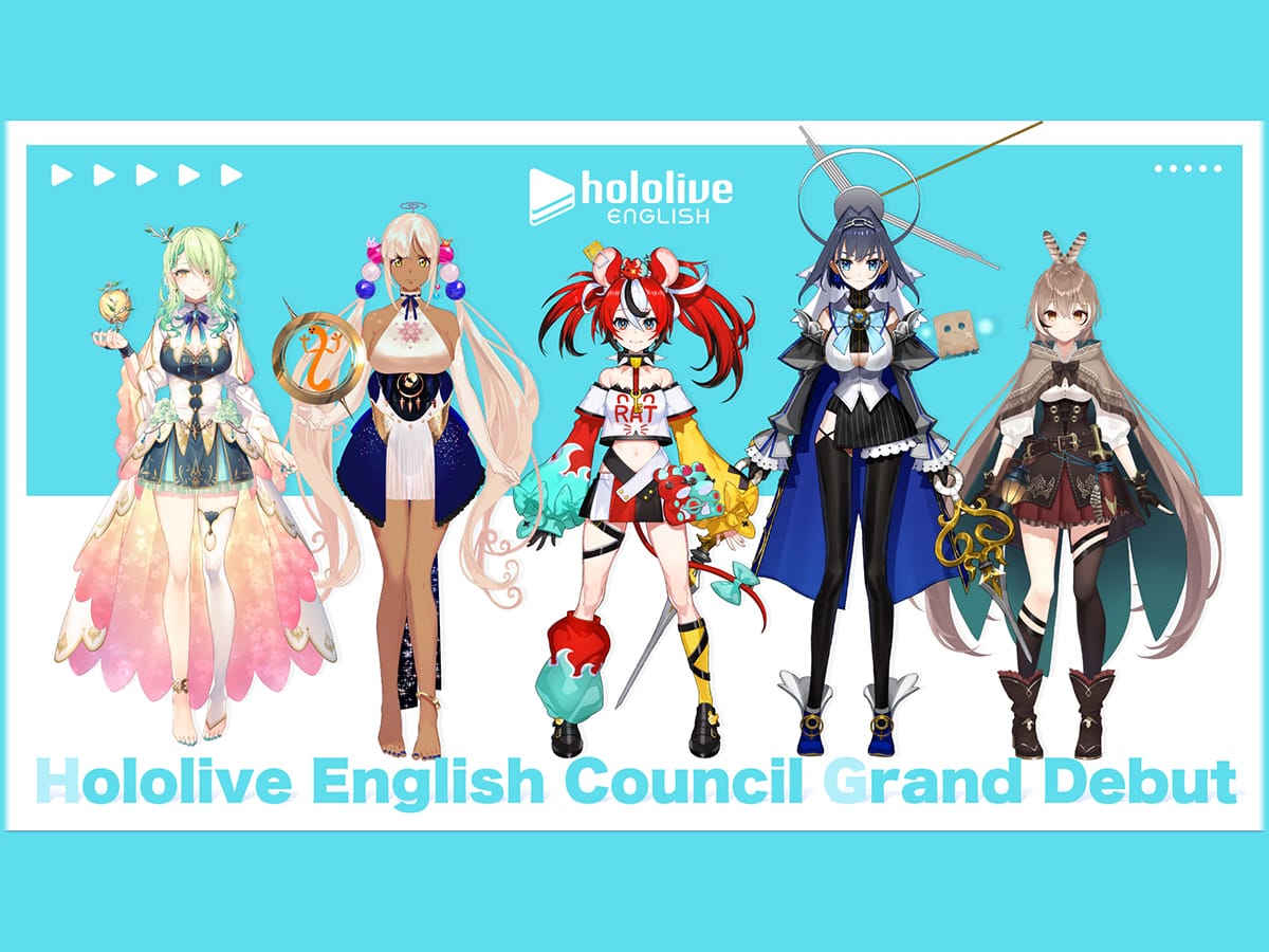 Hololive English Council lineup with Tsukumo Sana, Ceres Fauna, Ouro Kronii, Nanashi Mumei, and Hakos Baelz