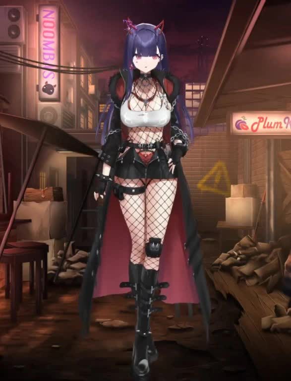 Numi VTuber 3.0 model with a broken glowing purple horn, chained jacket, and fishnets, inspired by Tifa Lockhart.