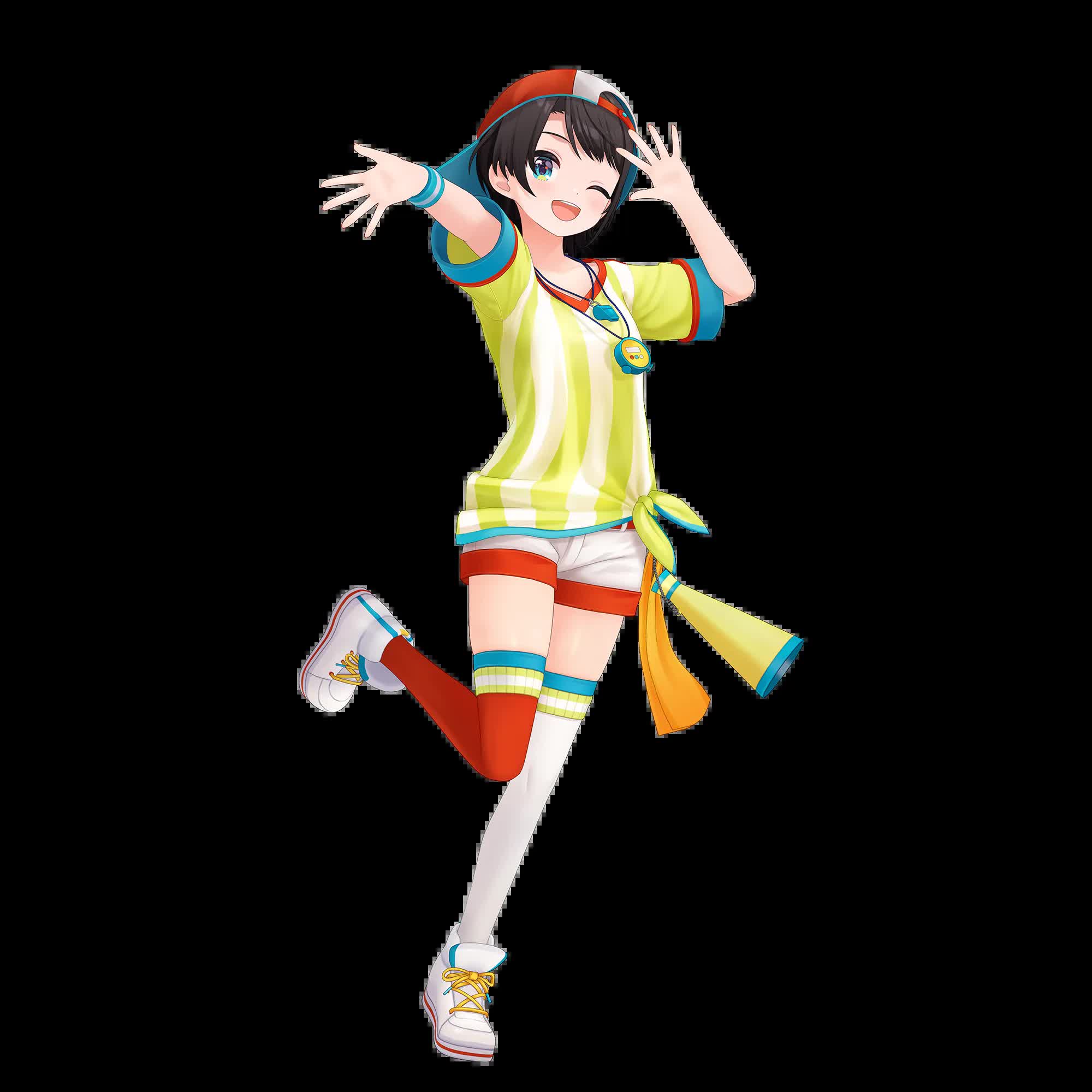 Oozora Subaru Hololive VTuber model with short blue hair, yellow baseball cap, and sporty jacket designed by Shigure Ui