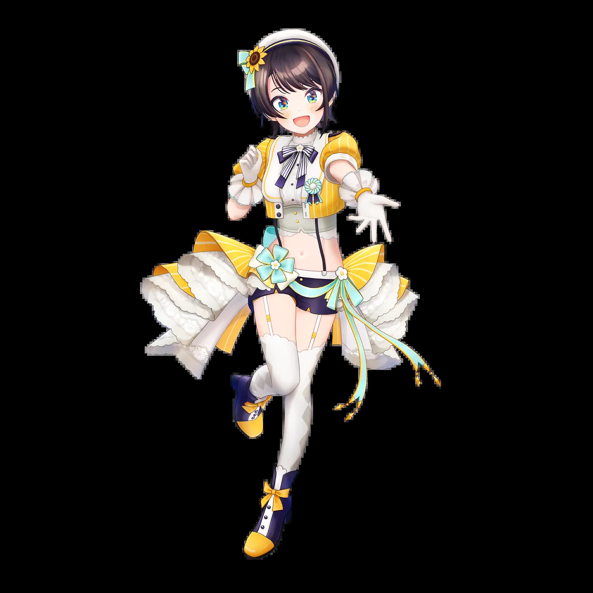 Oozora Subaru in her sparkly idol costume with a sunflower accent revealed for a Hololive celebration