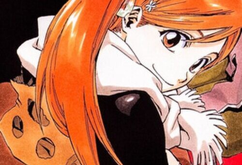 Bleach anime Orihime Inoue with her long auburn hair and blue flower hairpins