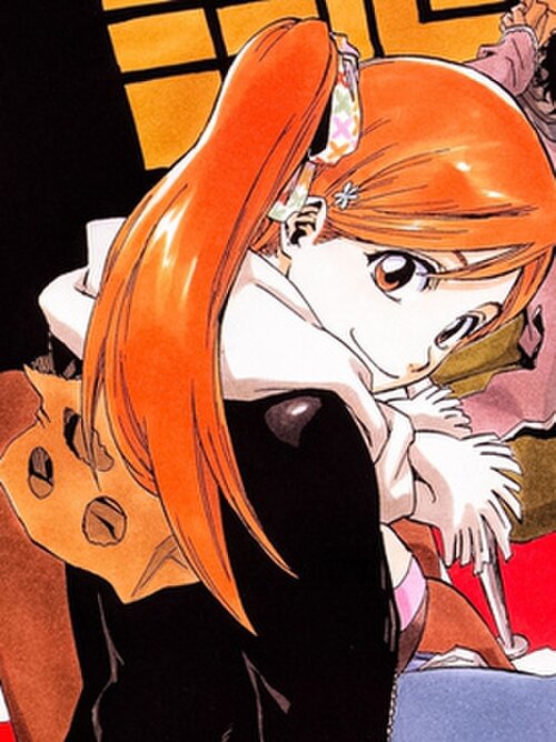 Bleach anime Orihime Inoue with her long auburn hair and blue flower hairpins