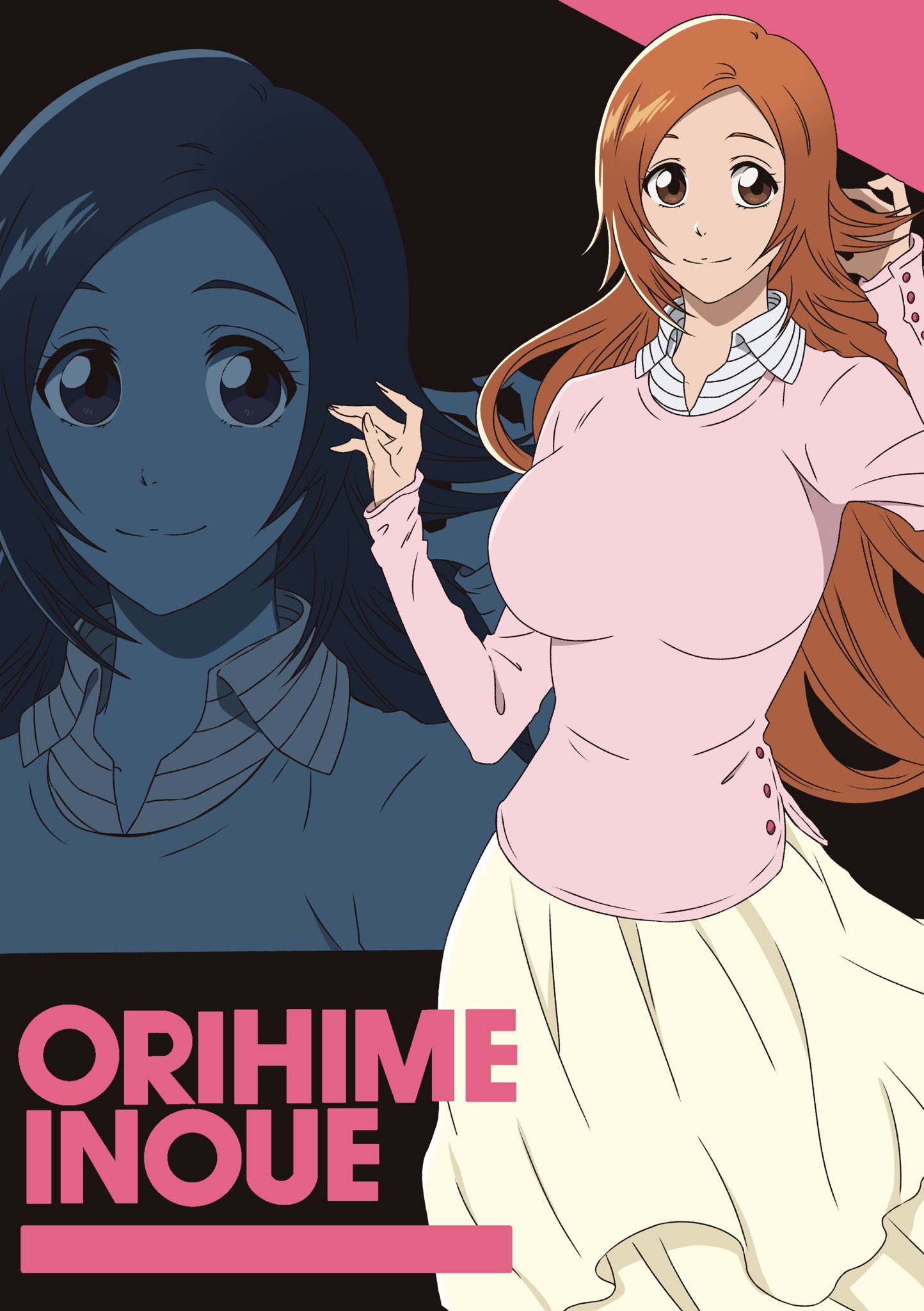 Orihime Inoue official key art in her casual pink outfit with flower hairpins