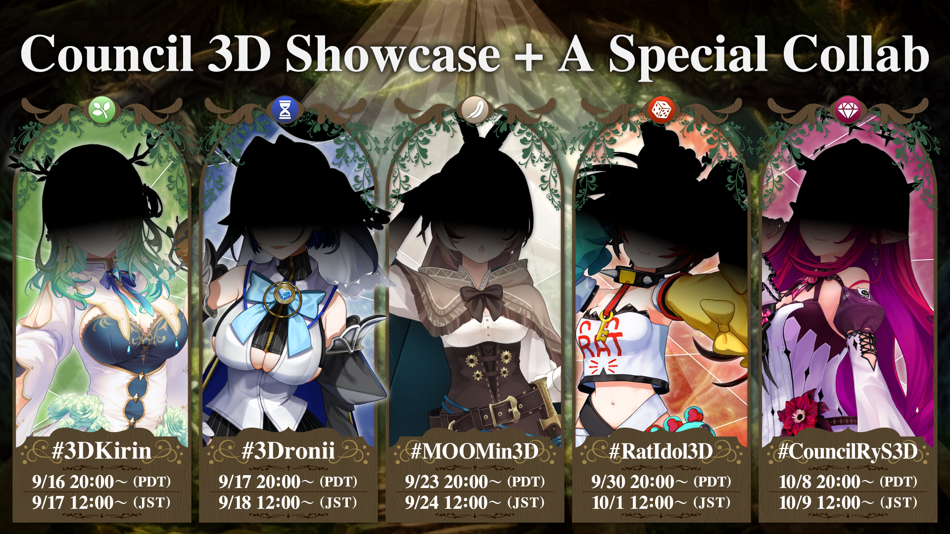 Hololive English Council lineup with Tsukumo Sana, Ceres Fauna, Ouro Kronii, Nanashi Mumei, and Hakos Baelz