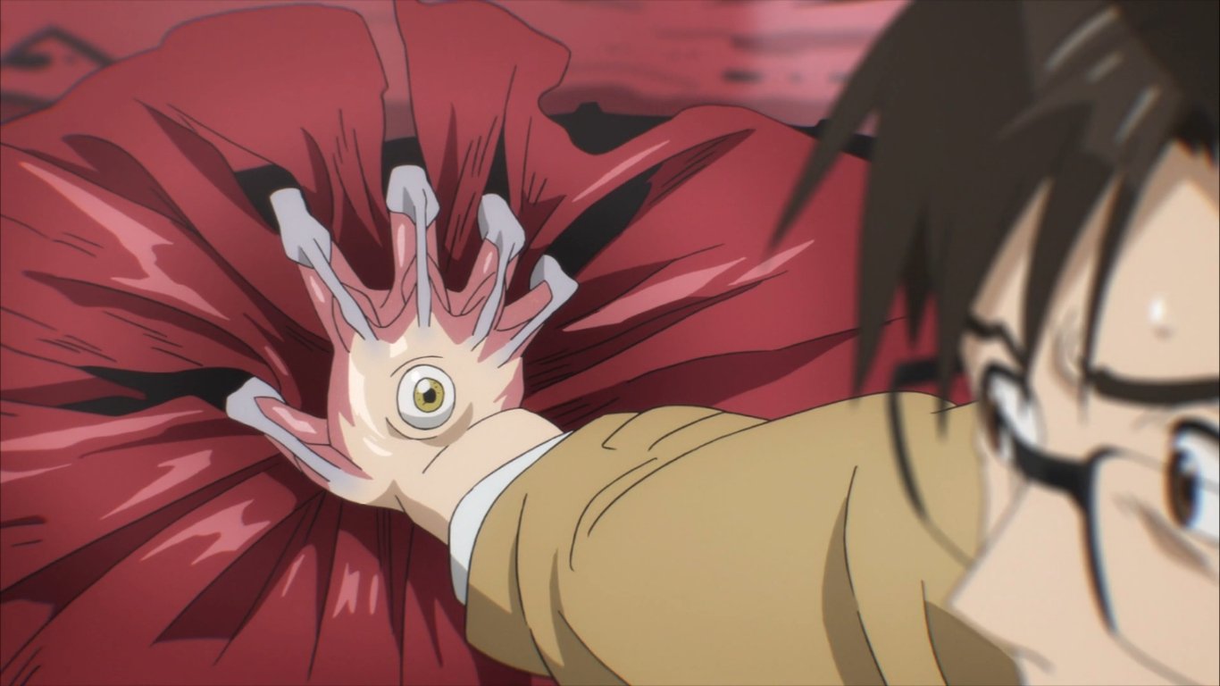 Shinichi Izumi with Migi the parasite eye and mouth form emerging from his right hand in Parasyte the Maxim anime