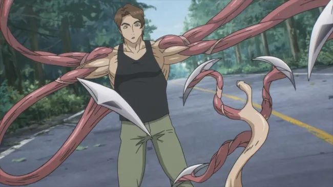 A muscular parasite host unfurls blade tendrils on a forest road in Parasyte the Maxim anime