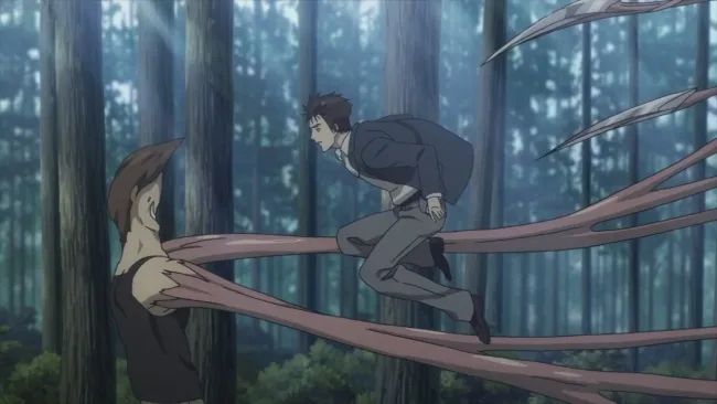 Shinichi Izumi leaps into a parasite fight in a misty forest in Parasyte the Maxim anime