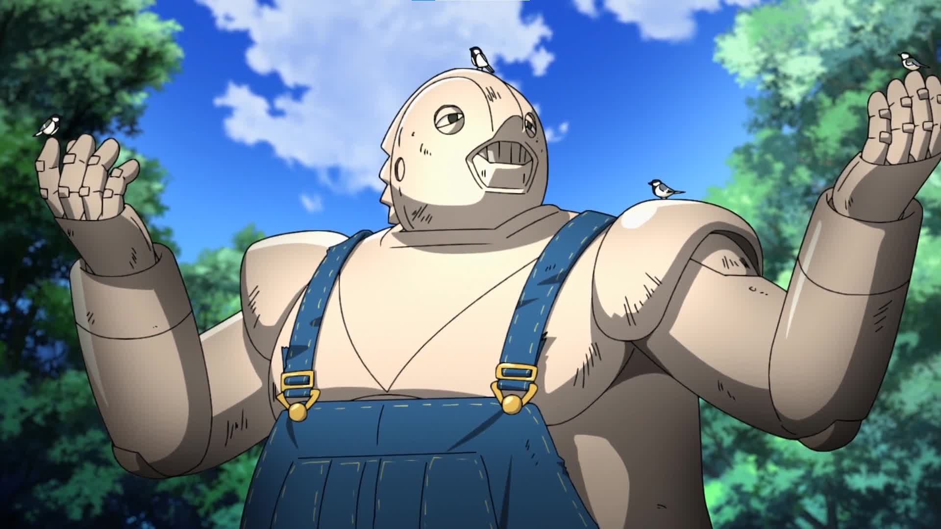 Pluto anime robot Mont Blanc the gentle forest ranger surrounded by birds