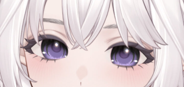 Powdur VTuber 3D model with powder-white hair and glowing purple eyes