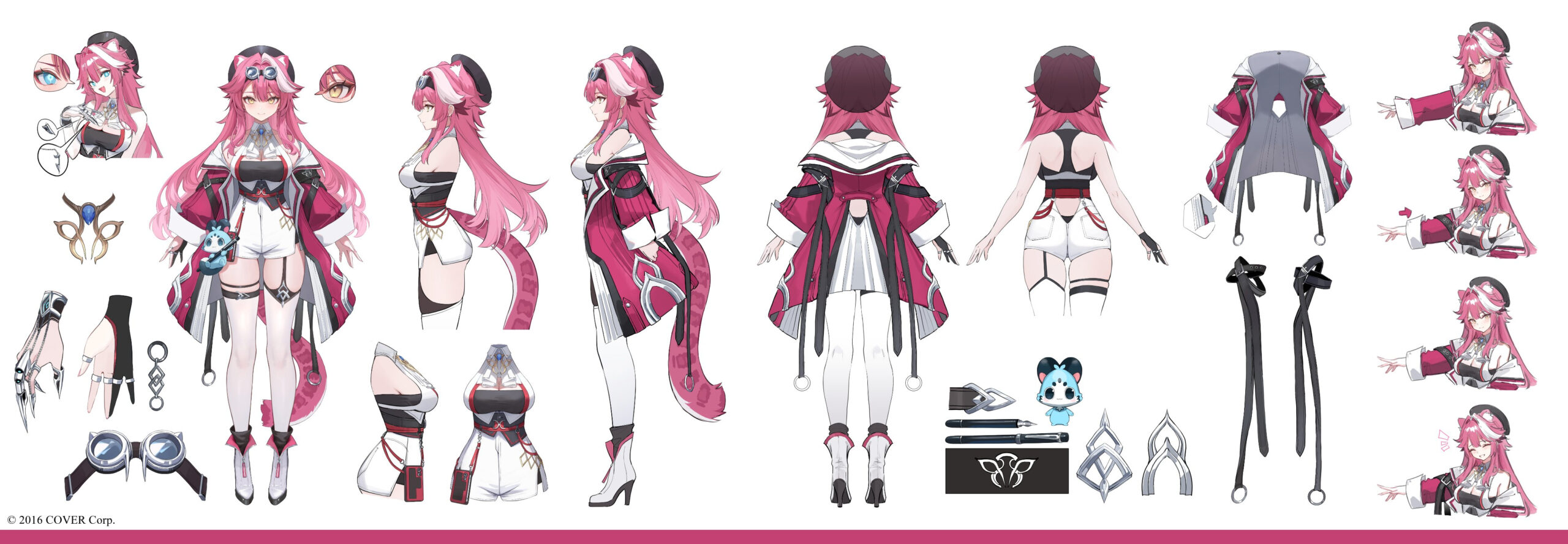 Raora Panthera character concept reference sheet showing costume and design details
