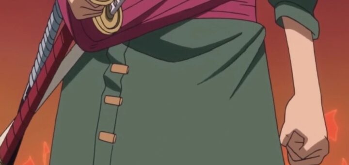 Roronoa Zoro from One Piece in his post timeskip look with green haramaki and three swords