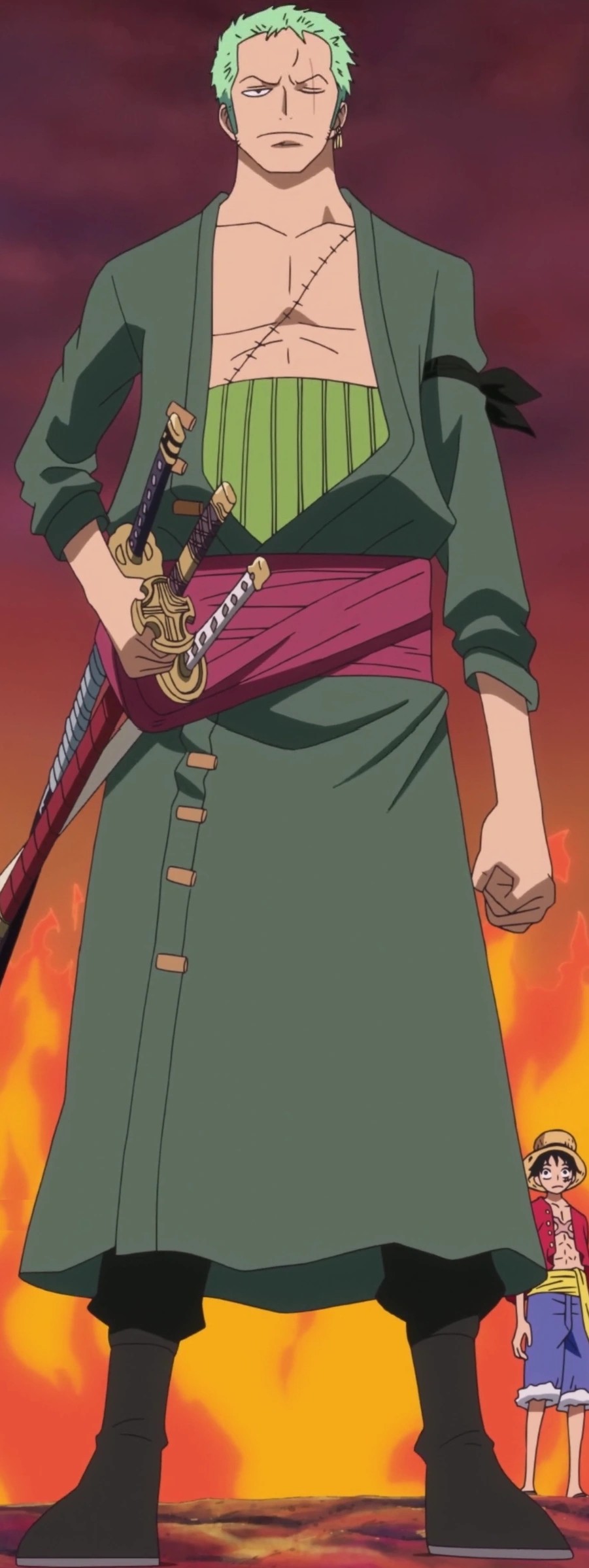 Roronoa Zoro from One Piece in his post timeskip look with green haramaki and three swords