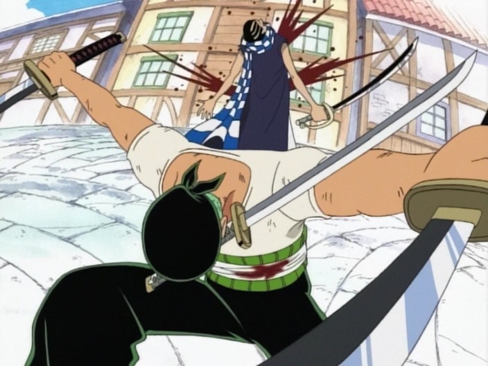 Zoro using his three sword style Santoryu with a katana clenched in his teeth