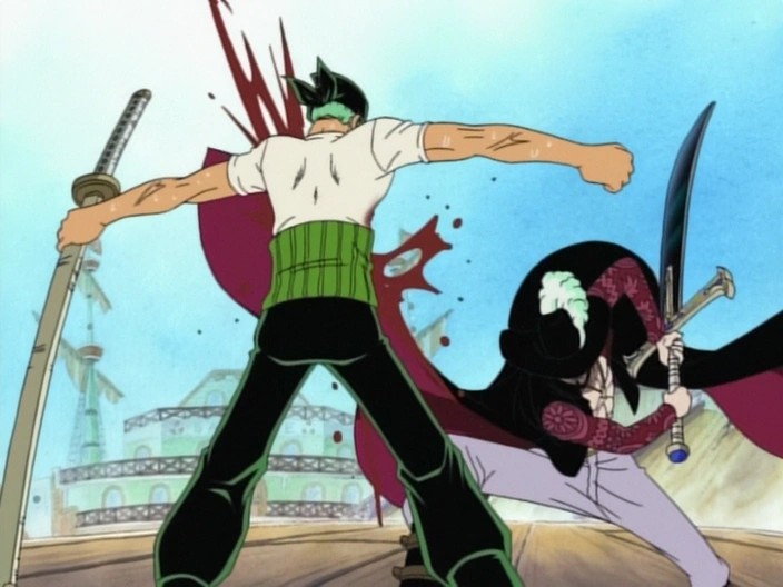 Young Zoro facing Dracule Mihawk at the Baratie taking a slash across his chest