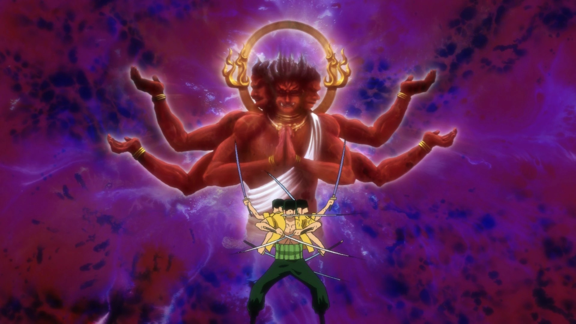 Zoro summoning Asura appearing with three heads and six arms during the Enies Lobby fight
