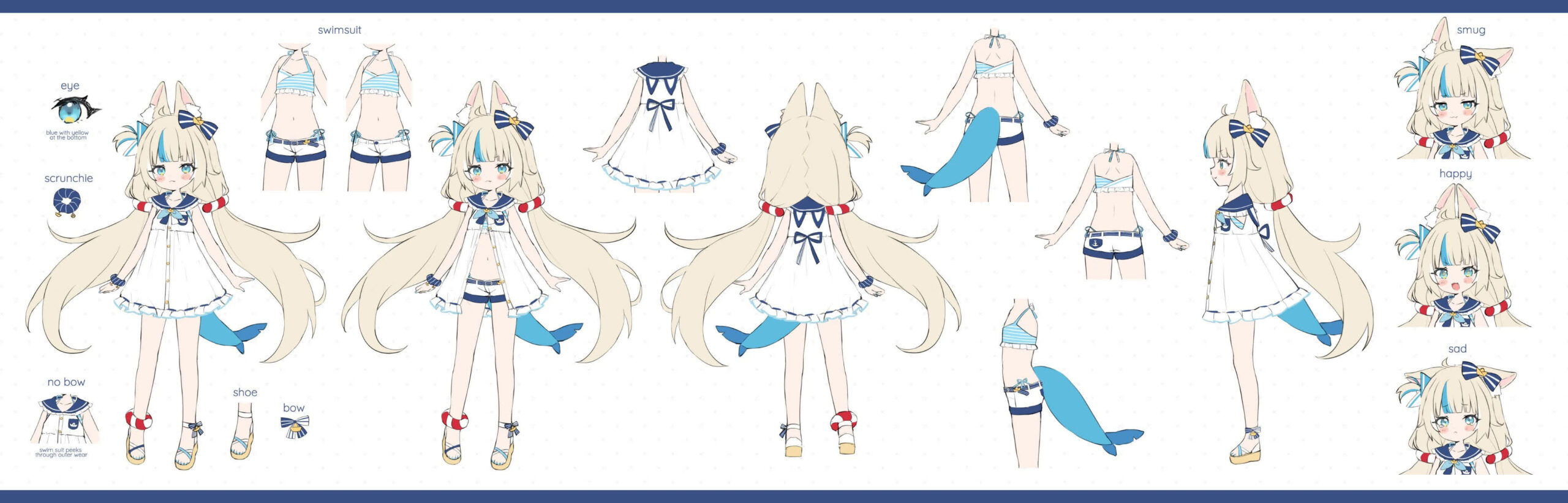 Saba VTuber design close up with cyan eyes sailor collar and blue bang streak