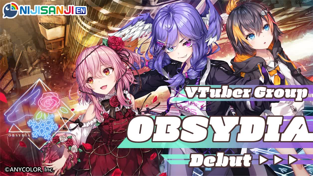 Nijisanji EN OBSYDIA wave debut promo graphic with Selen Tatsuki, Rosemi Lovelock, and Petra Gurin