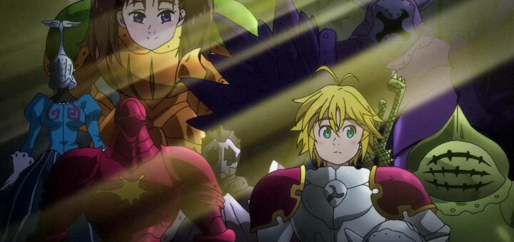 Seven Deadly Sins anime key visual with Meliodas, Diane, and the order in armor