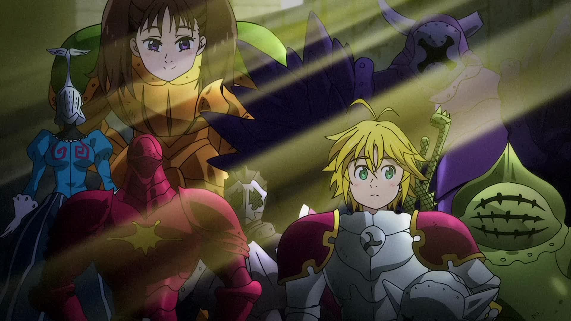Seven Deadly Sins anime key visual with Meliodas, Diane, and the order in armor