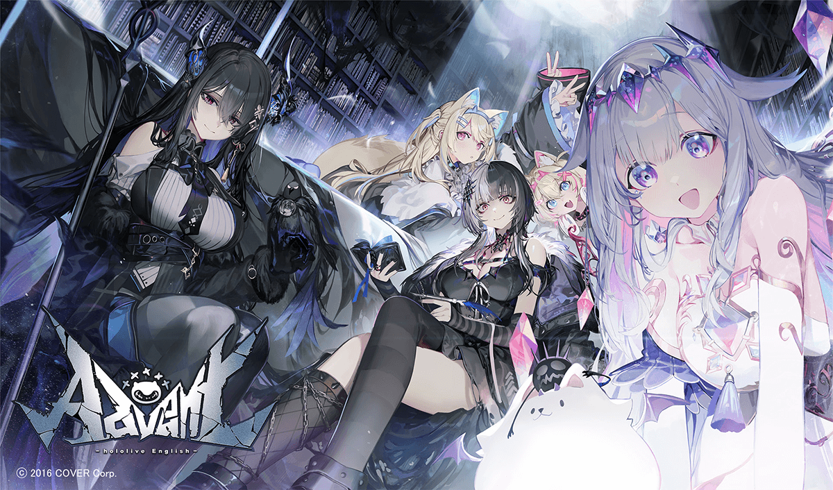 Hololive Advent generation debut lineup with Shiori Novella, Koseki Bijou, Nerissa Ravencroft, Fuwawa Abyssgard, and Mococo Abyssgard