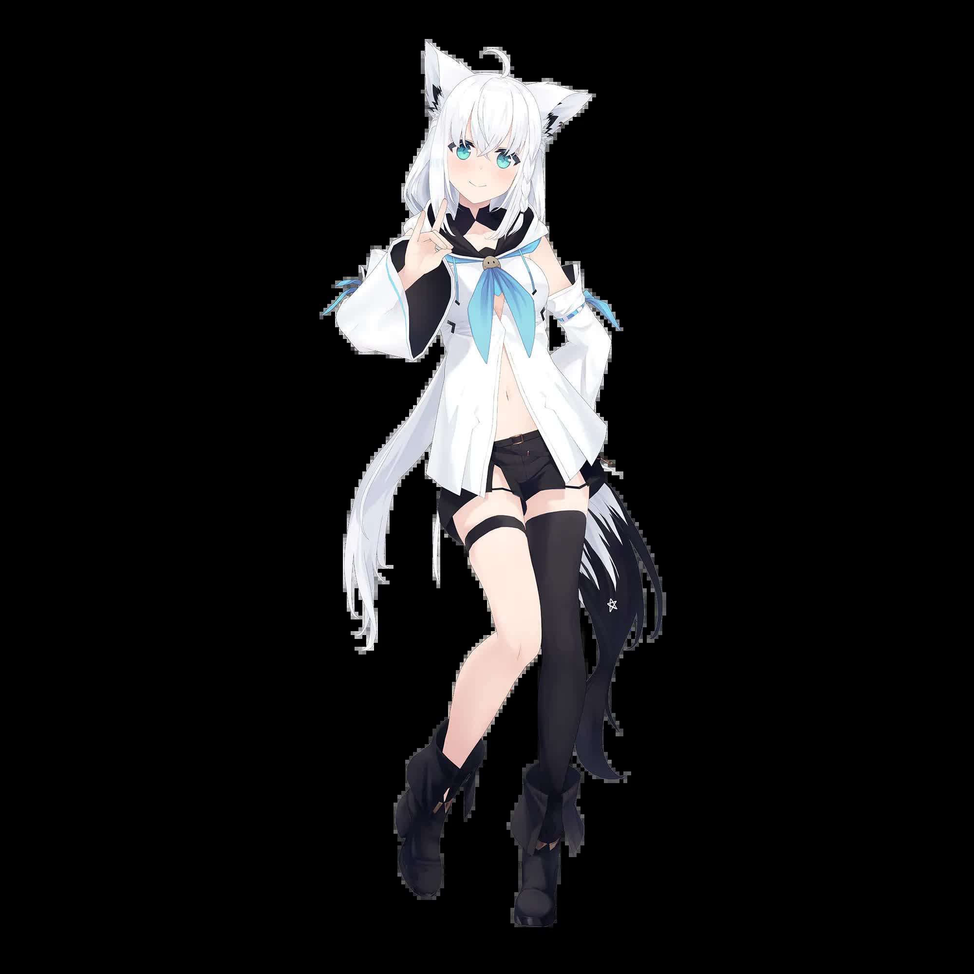 Shirakami Fubuki Hololive arctic fox VTuber model with short white hair, fluffy fox ears, and blue facial markings