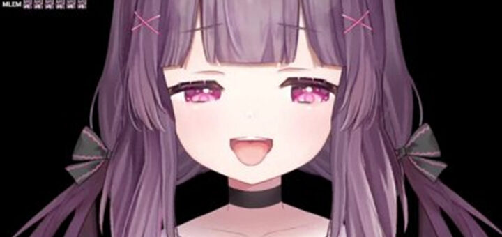 Shondo VTuber Shadow model, the soft goth fallenshadow character with purple hair, a ribbon, and big pink eyes.