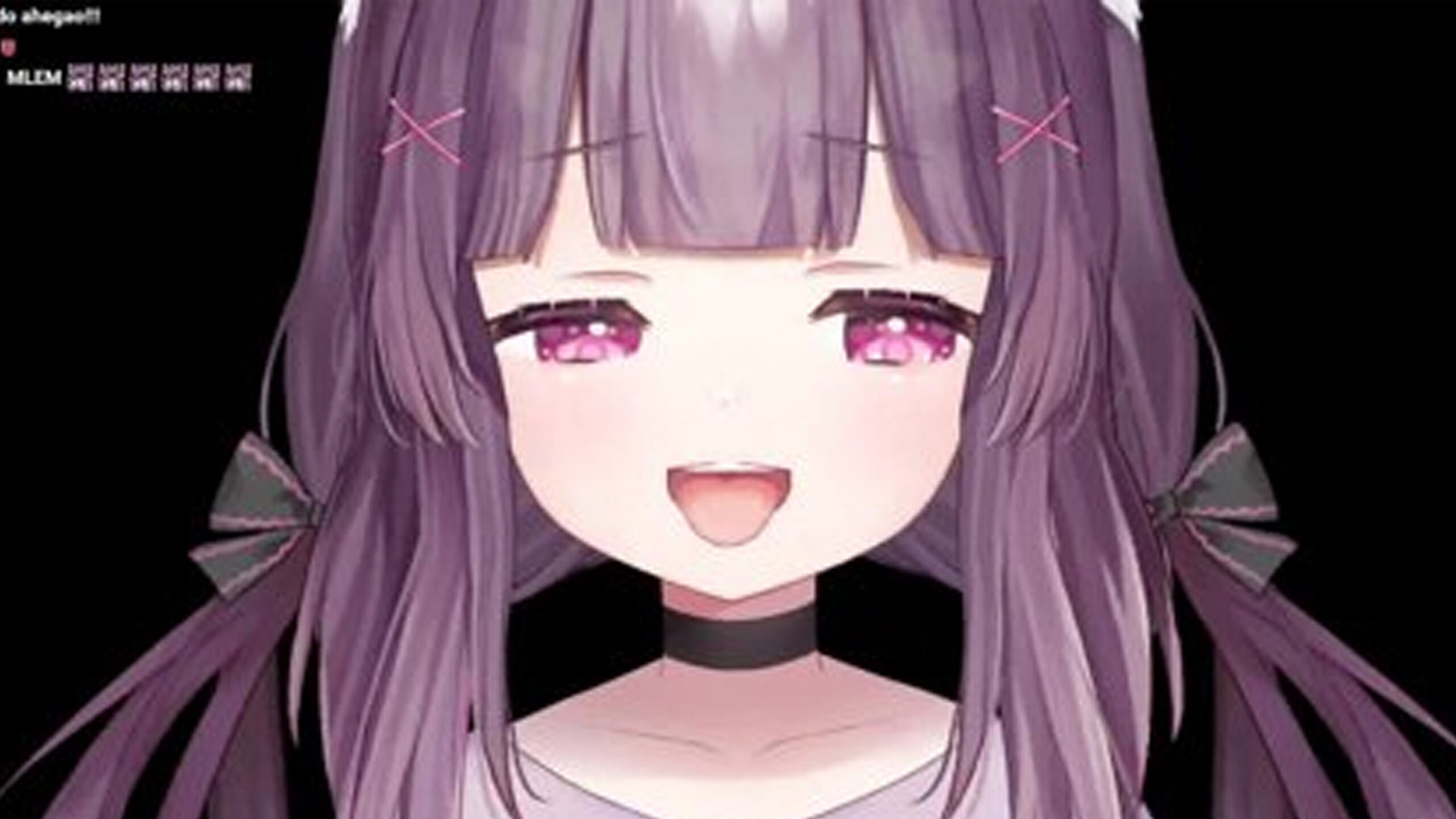 Shondo VTuber Shadow model, the soft goth fallenshadow character with purple hair, a ribbon, and big pink eyes.