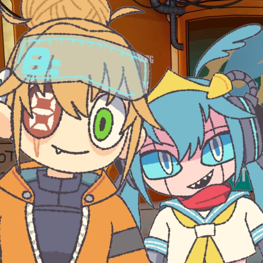Sigrid and Bird VTuber duo, a mad scientist with a glowing artificial eye and her robot companion