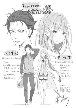Subaru and Emilia character designs from the Re:Zero anime