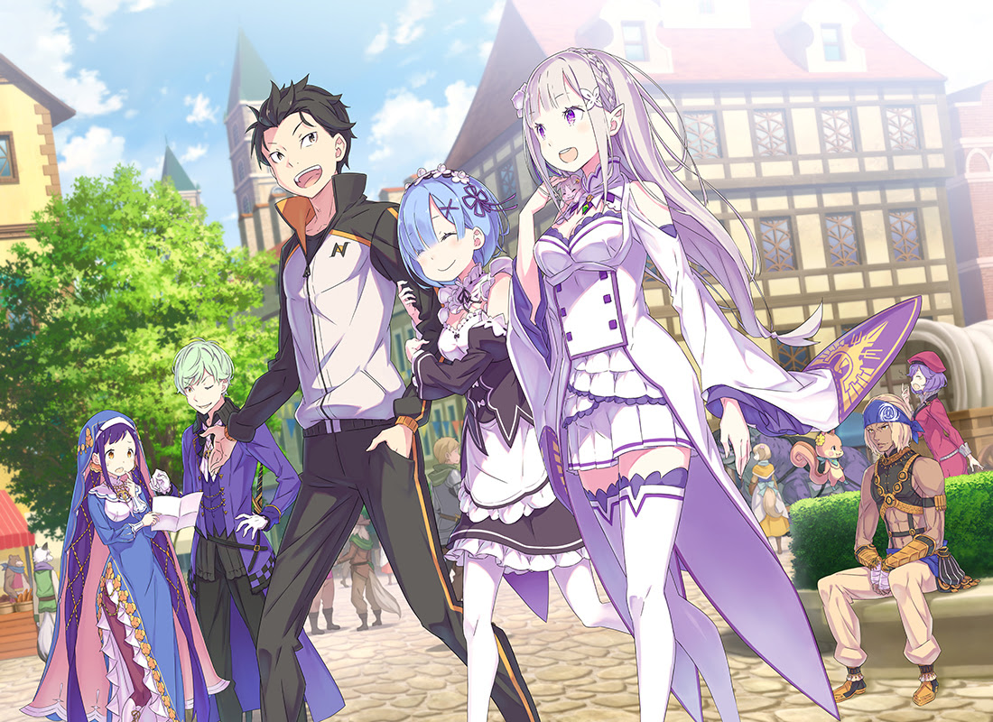Re:Zero Subaru with Emilia the silver-haired half-elf and Rem the blue-haired maid